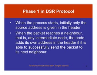 © Oxford University Press 2007. All rights reserved. 9
Phase 1 in DSR Protocol
• When the process starts, initially only the
source address is given in the header
• When the packet reaches a neighbour,
that is, any intermediate node, the node
adds its own address in the header if it is
able to successfully send the packet to
its next neighbour
 