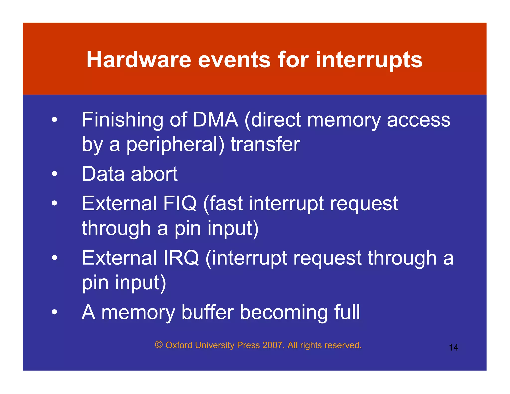© Oxford University Press 2007. All rights reserved. 14
Hardware events for interrupts
• Finishing of DMA (direct memory access
by a peripheral) transfer
• Data abort
• External FIQ (fast interrupt request
through a pin input)
• External IRQ (interrupt request through a
pin input)
• A memory buffer becoming full
 