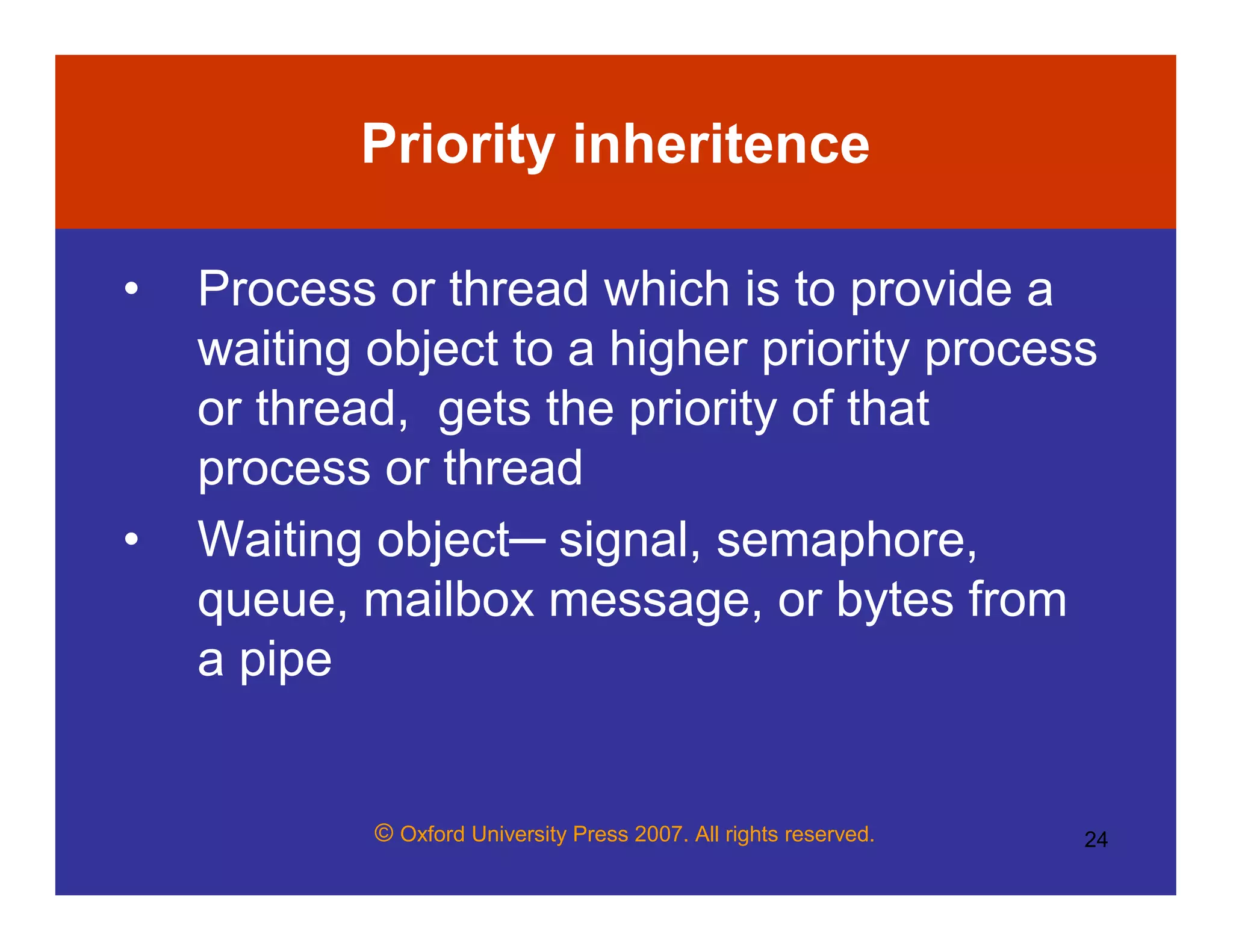 © Oxford University Press 2007. All rights reserved. 24
Priority inheritence
• Process or thread which is to provide a
waiting object to a higher priority process
or thread, gets the priority of that
process or thread
• Waiting object─ signal, semaphore,
queue, mailbox message, or bytes from
a pipe
 