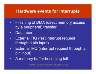 © Oxford University Press 2007. All rights reserved. 14
Hardware events for interrupts
• Finishing of DMA (direct memory access
by a peripheral) transfer
• Data abort
• External FIQ (fast interrupt request
through a pin input)
• External IRQ (interrupt request through a
pin input)
• A memory buffer becoming full
 