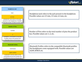 15
Bluetooth Profiles refers to the compatible bluetooth profiles
the headphones come equipped with. Possible values are
A2DP, AVRCP, etc.
Number of Pins refers to the total number of pins the product
has. Possible values are 1, 2, etc.
Headphone Jack refers to the jack present in the headphone.
Possible values are 2.5 mm, 3.5 mm, 6.3 mm, etc.
 