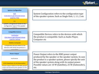 21
System Configuration refers to the configuration type
of the speaker system. Such as Single Unit, 1, 1.1, 2 etc
Compatible Devices refers to the devices with which
the product is compatible. Such as Audio Player,
Computer etc
Power Output refers to the RMS power output
produced by the speaker or the speaker system. In case
the product is a speaker system, please specify the unit
of the speaker system along with its output power.
Possible values are 10 W (Satellite), 25 W (Subwoofer),
etc.
 