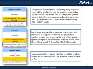 22
Memory Card Slot refers to whether or not the product
comes with a memory card slot. Possible values are Yes
or No.
Impedance refers to the impedance or the electrical
resistance of the product. In case the product is a
speaker system, please specify the unit of the speaker
system along with its impedance. Possible values are 4
Ohms (Subwoofer), 6 Ohms (Satellite), 9 Ohms, etc.
Frequency Response refers to the frequency response
range of the product. In case the product is a speaker
system, please specify the unit of the speaker system
along with its frequency response. Possible values are
35 - 200 Hz (Subwoofer), 200 - 20000 Hz (Satellite),
100 - 15000 Hz, etc.
 