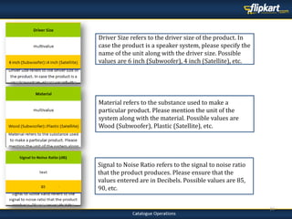 24
Signal to Noise Ratio refers to the signal to noise ratio
that the product produces. Please ensure that the
values entered are in Decibels. Possible values are 85,
90, etc.
Material refers to the substance used to make a
particular product. Please mention the unit of the
system along with the material. Possible values are
Wood (Subwoofer), Plastic (Satellite), etc.
Driver Size refers to the driver size of the product. In
case the product is a speaker system, please specify the
name of the unit along with the driver size. Possible
values are 6 inch (Subwoofer), 4 inch (Satellite), etc.
 