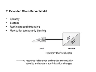 2. Extended Client-Server Model Security  System  Rethinking and extending  May suffer temporarily blurring Temporary Blurring of Roles resource-rich server and certain connectivity  security and system administration changes 