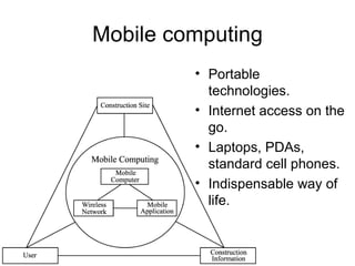 Mobile computing Portable technologies. Internet access on the go. Laptops, PDAs, standard cell phones.  Indispensable way of life.  