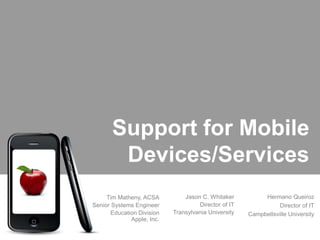 Support for Mobile
        Devices/Services
     Tim Matheny, ACSA          Jason C. Whitaker          Hermano Queiroz
Senior Systems Engineer              Director of IT              Director of IT
       Education Division   Transylvania University   Campbellsville University
              Apple, Inc.
 