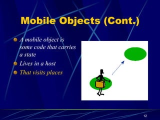 12
Mobile Objects (Cont.)
A mobile object is
some code that carries
a state
Lives in a host
That visits places
 