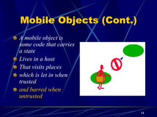 14
Mobile Objects (Cont.)
A mobile object is
some code that carries
a state
Lives in a host
That visits places
which is let in when
trusted
and barred when
untrusted
 