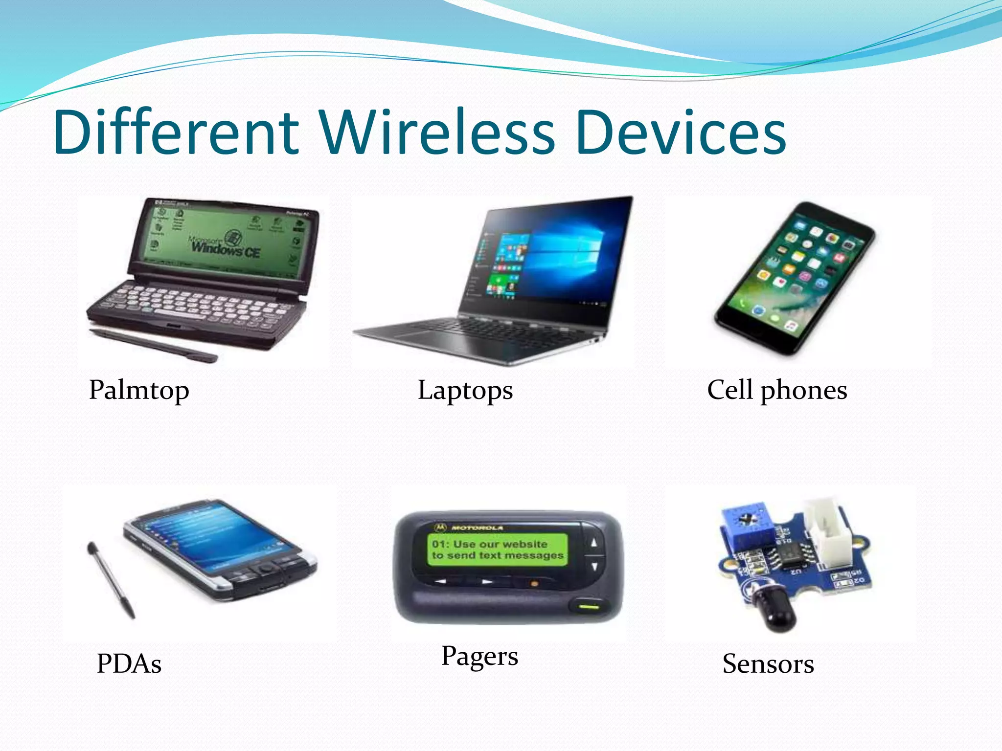 Different Wireless Devices
Palmtop Laptops Cell phones
SensorsPagersPDAs
 