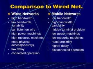 7
Comparison to Wired Net.
Wired Networks
- high bandwidth
- low bandwidth
variability
- can listen on wire
- high power machines
- high resource machines
- need physical
access(security)
- low delay
- connected operation
Mobile Networks
- low bandwidth
- high bandwidth
variability
- hidden terminal problem
- low power machines
- low resource machines
- need proximity
- higher delay
- disconnected operation
 