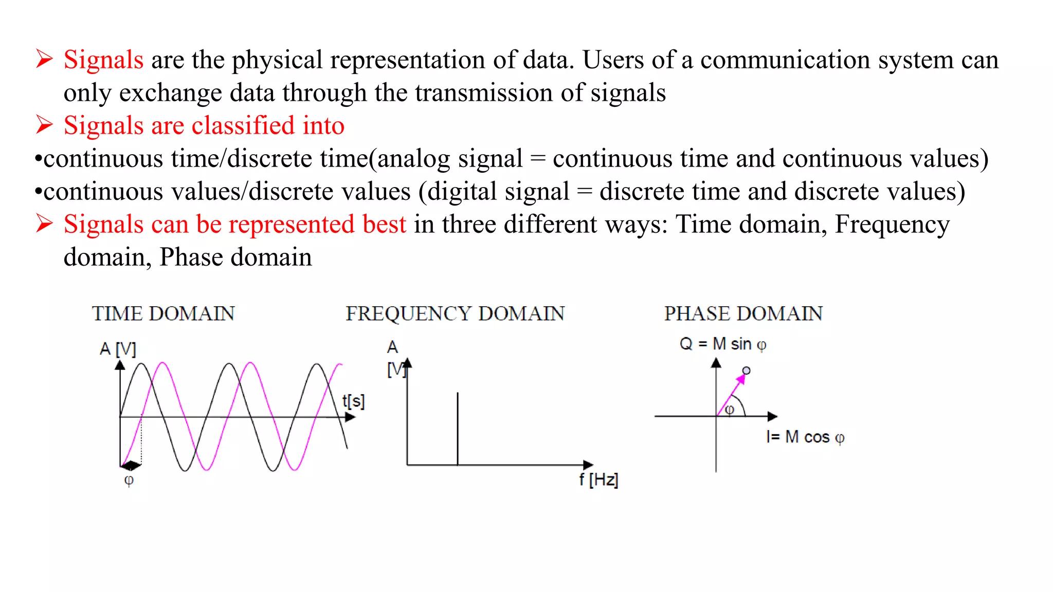 Signals are the physical representation of data. Users of a communication system can
only exchange data through the transmission of signals
 Signals are classified into
•continuous time/discrete time(analog signal = continuous time and continuous values)
•continuous values/discrete values (digital signal = discrete time and discrete values)
 Signals can be represented best in three different ways: Time domain, Frequency
domain, Phase domain
 