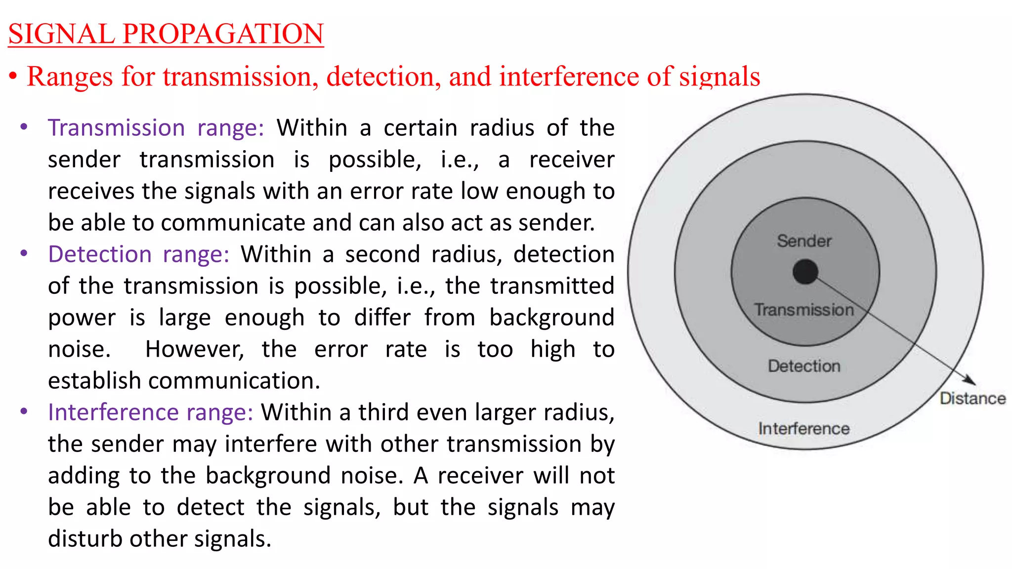 SIGNAL PROPAGATION
• Ranges for transmission, detection, and interference of signals
• Transmission range: Within a certain radius of the
sender transmission is possible, i.e., a receiver
receives the signals with an error rate low enough to
be able to communicate and can also act as sender.
• Detection range: Within a second radius, detection
of the transmission is possible, i.e., the transmitted
power is large enough to differ from background
noise. However, the error rate is too high to
establish communication.
• Interference range: Within a third even larger radius,
the sender may interfere with other transmission by
adding to the background noise. A receiver will not
be able to detect the signals, but the signals may
disturb other signals.
 