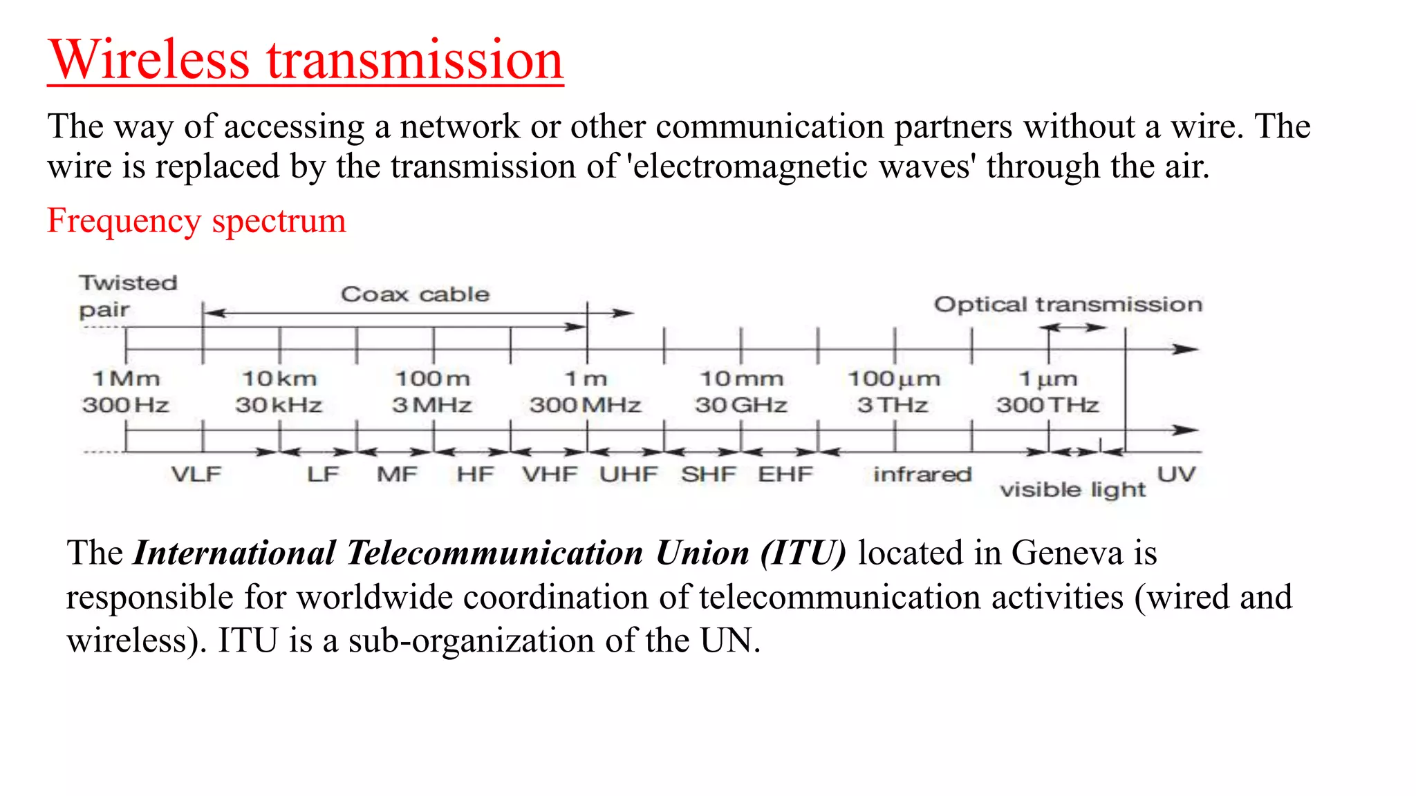 Wireless transmission
The way of accessing a network or other communication partners without a wire. The
wire is replaced by the transmission of 'electromagnetic waves' through the air.
Frequency spectrum
The International Telecommunication Union (ITU) located in Geneva is
responsible for worldwide coordination of telecommunication activities (wired and
wireless). ITU is a sub-organization of the UN.
 