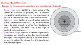 SIGNAL PROPAGATION
• Ranges for transmission, detection, and interference of signals
• Transmission range: Within a certain radius of the
sender transmission is possible, i.e., a receiver
receives the signals with an error rate low enough to
be able to communicate and can also act as sender.
• Detection range: Within a second radius, detection
of the transmission is possible, i.e., the transmitted
power is large enough to differ from background
noise. However, the error rate is too high to
establish communication.
• Interference range: Within a third even larger radius,
the sender may interfere with other transmission by
adding to the background noise. A receiver will not
be able to detect the signals, but the signals may
disturb other signals.
 