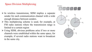 Space Division Multiplexing
 In wireless transmission, SDM implies a separate
sender for each communication channel with a wide
enough distance between senders.
 This multiplexing scheme is used, for example, at
FM radio stations where the transmission range is
limited to a certain region
 Using SDM, obvious problems arise if two or more
channels were established within the same space, for
example, if several radio stations want to broadcast
in the same city.
 