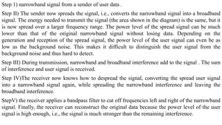 Step 1) narrowband signal from a sender of user data .
Step II) The sender now spreads the signal, i.e., converts the narrowband signal into a broadband
signal. The energy needed to transmit the signal (the area shown in the diagram) is the same, but it
is now spread over a larger frequency range. The power level of the spread signal can be much
lower than that of the original narrowband signal without losing data. Depending on the
generation and reception of the spread signal, the power level of the user signal can even be as
low as the background noise. This makes it difficult to distinguish the user signal from the
background noise and thus hard to detect.
Step III) During transmission, narrowband and broadband interference add to the signal . The sum
of interference and user signal is received.
Step IV)The receiver now knows how to despread the signal, converting the spread user signal
into a narrowband signal again, while spreading the narrowband interference and leaving the
broadband interference.
StepV) the receiver applies a bandpass filter to cut off frequencies left and right of the narrowband
signal. Finally, the receiver can reconstruct the original data because the power level of the user
signal is high enough, i.e., the signal is much stronger than the remaining interference.
 