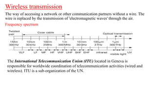 Wireless transmission
The way of accessing a network or other communication partners without a wire. The
wire is replaced by the transmission of 'electromagnetic waves' through the air.
Frequency spectrum
The International Telecommunication Union (ITU) located in Geneva is
responsible for worldwide coordination of telecommunication activities (wired and
wireless). ITU is a sub-organization of the UN.
 