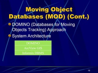 19
Moving Object
Databases (MOD) (Cont.)
DOMINO (Databases for Moving
Objects Tracking) Approach
System Architecture
DOMINO
ArcView GIS
Informix DBMS
 