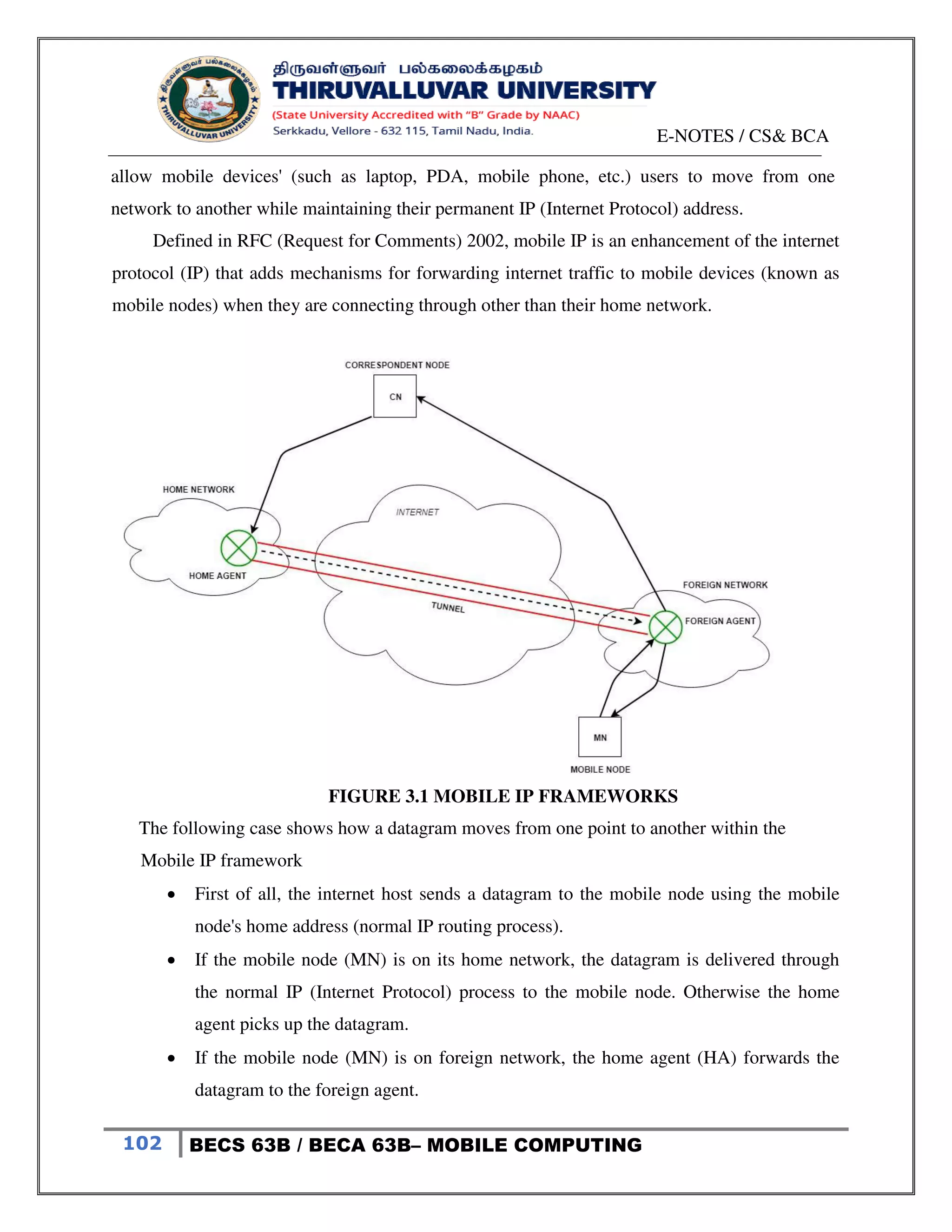 E-NOTES / CS& BCA
102 BECS 63B / BECA 63B– MOBILE COMPUTING
allow mobile devices' (such as laptop, PDA, mobile phone, etc.) users to move from one
network to another while maintaining their permanent IP (Internet Protocol) address.
Defined in RFC (Request for Comments) 2002, mobile IP is an enhancement of the internet
protocol (IP) that adds mechanisms for forwarding internet traffic to mobile devices (known as
mobile nodes) when they are connecting through other than their home network.
FIGURE 3.1 MOBILE IP FRAMEWORKS
The following case shows how a datagram moves from one point to another within the
Mobile IP framework
 First of all, the internet host sends a datagram to the mobile node using the mobile
node's home address (normal IP routing process).
 If the mobile node (MN) is on its home network, the datagram is delivered through
the normal IP (Internet Protocol) process to the mobile node. Otherwise the home
agent picks up the datagram.
 If the mobile node (MN) is on foreign network, the home agent (HA) forwards the
datagram to the foreign agent.
 