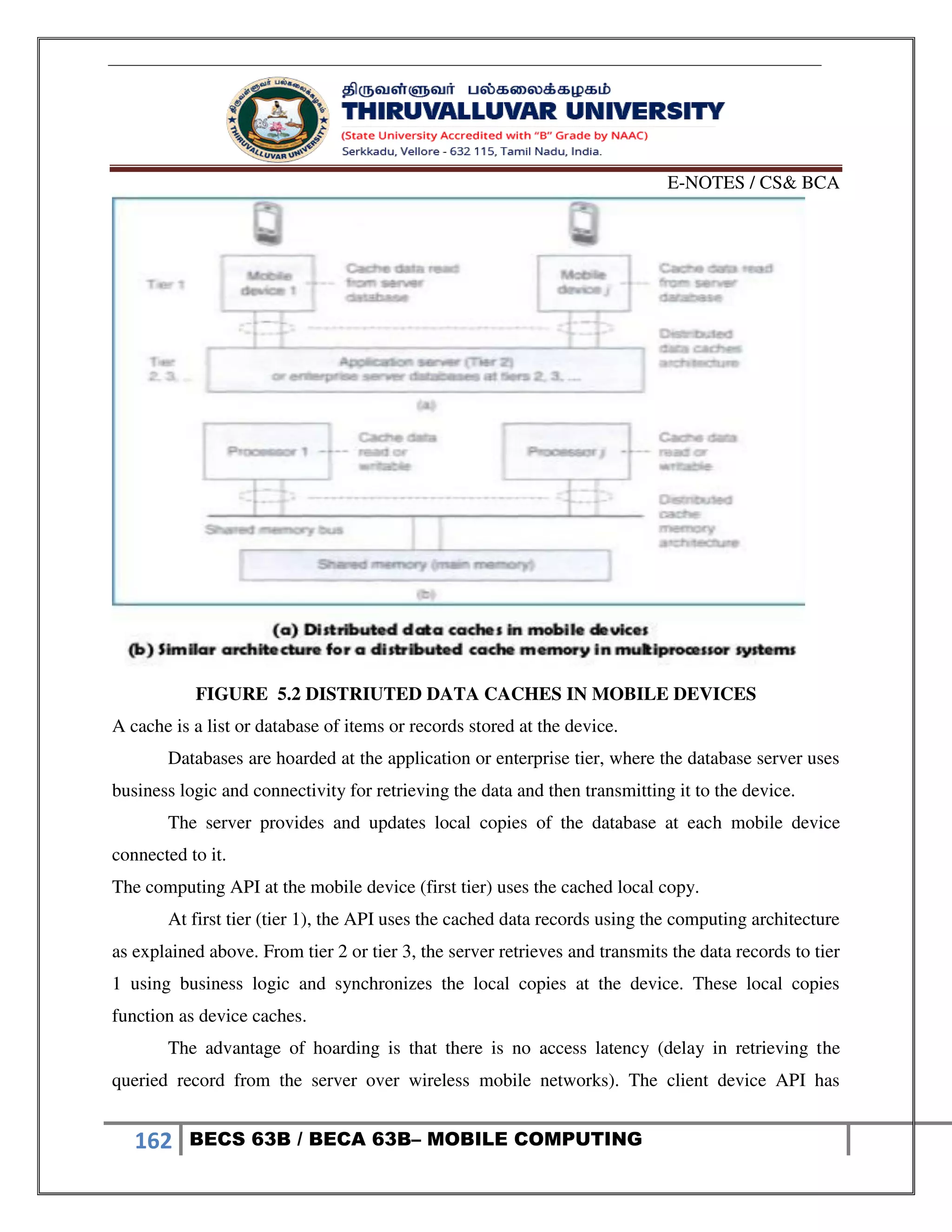 E-NOTES / CS& BCA
162 BECS 63B / BECA 63B– MOBILE COMPUTING
FIGURE 5.2 DISTRIUTED DATA CACHES IN MOBILE DEVICES
A cache is a list or database of items or records stored at the device.
Databases are hoarded at the application or enterprise tier, where the database server uses
business logic and connectivity for retrieving the data and then transmitting it to the device.
The server provides and updates local copies of the database at each mobile device
connected to it.
The computing API at the mobile device (first tier) uses the cached local copy.
At first tier (tier 1), the API uses the cached data records using the computing architecture
as explained above. From tier 2 or tier 3, the server retrieves and transmits the data records to tier
1 using business logic and synchronizes the local copies at the device. These local copies
function as device caches.
The advantage of hoarding is that there is no access latency (delay in retrieving the
queried record from the server over wireless mobile networks). The client device API has
 