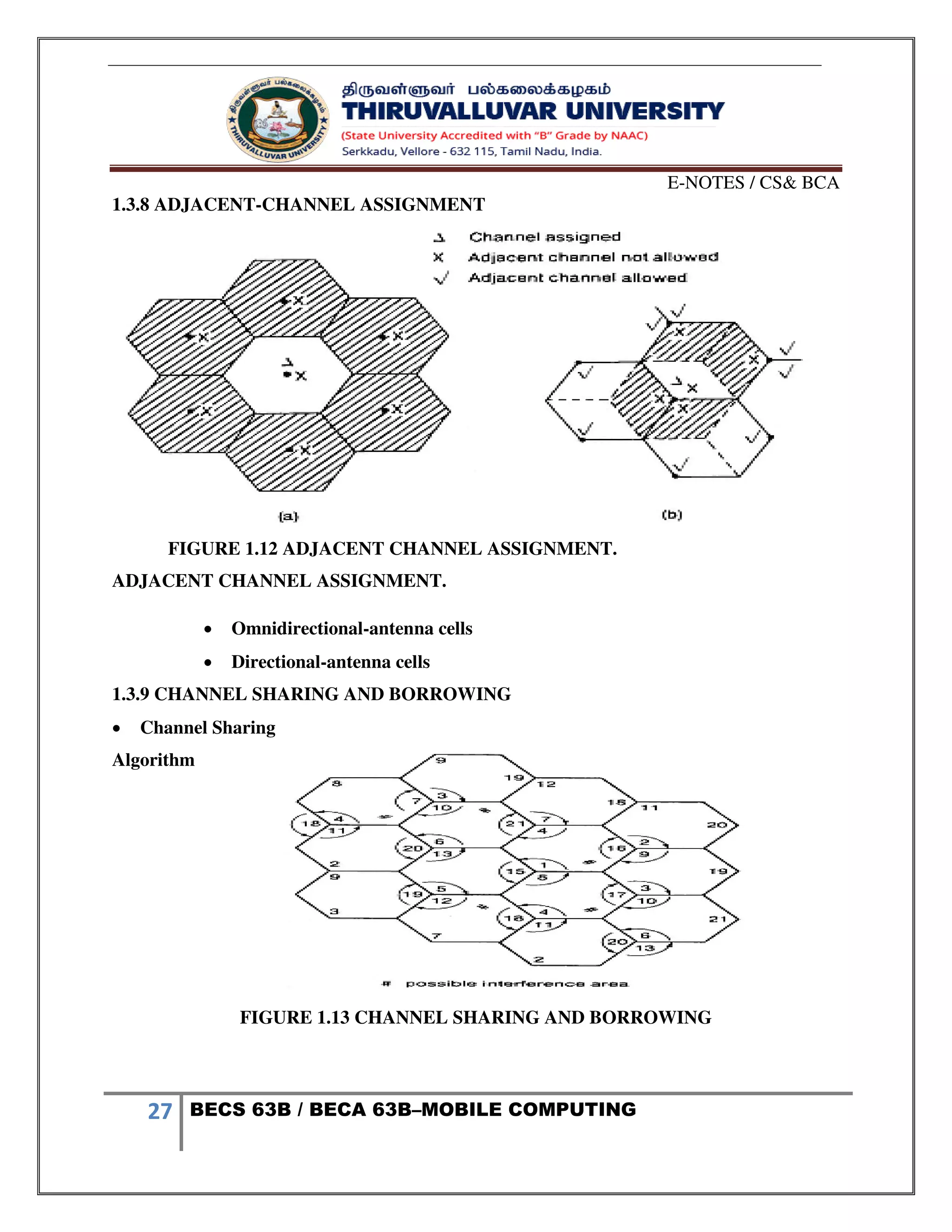 E-NOTES / CS& BCA
27 BECS 63B / BECA 63B–MOBILE COMPUTING
1.3.8 ADJACENT-CHANNEL ASSIGNMENT
FIGURE 1.12 ADJACENT CHANNEL ASSIGNMENT.
ADJACENT CHANNEL ASSIGNMENT.
 Omnidirectional-antenna cells
 Directional-antenna cells
1.3.9 CHANNEL SHARING AND BORROWING
 Channel Sharing
Algorithm
FIGURE 1.13 CHANNEL SHARING AND BORROWING
 