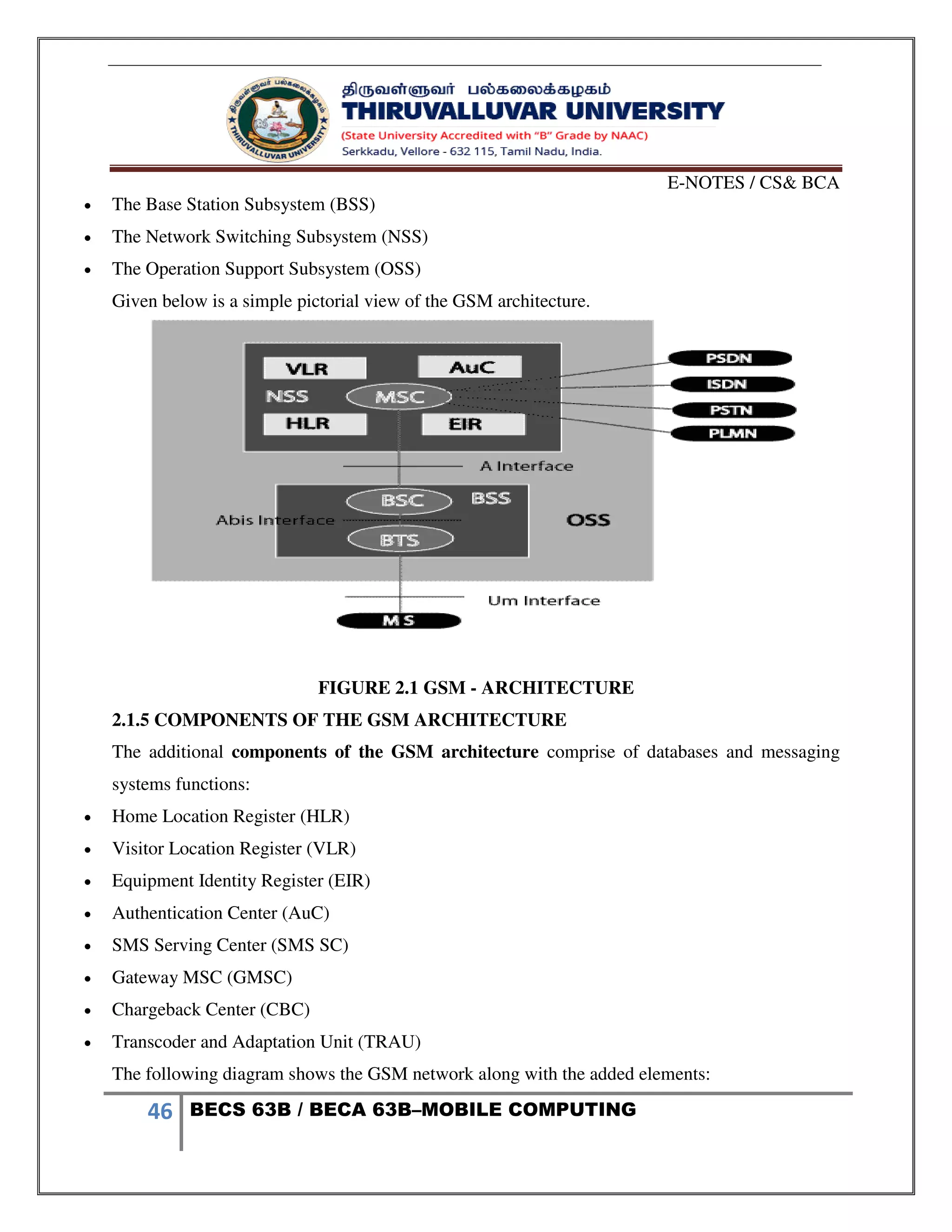 E-NOTES / CS& BCA
46 BECS 63B / BECA 63B–MOBILE COMPUTING
 The Base Station Subsystem (BSS)
 The Network Switching Subsystem (NSS)
 The Operation Support Subsystem (OSS)
Given below is a simple pictorial view of the GSM architecture.
FIGURE 2.1 GSM - ARCHITECTURE
2.1.5 COMPONENTS OF THE GSM ARCHITECTURE
The additional components of the GSM architecture comprise of databases and messaging
systems functions:
 Home Location Register (HLR)
 Visitor Location Register (VLR)
 Equipment Identity Register (EIR)
 Authentication Center (AuC)
 SMS Serving Center (SMS SC)
 Gateway MSC (GMSC)
 Chargeback Center (CBC)
 Transcoder and Adaptation Unit (TRAU)
The following diagram shows the GSM network along with the added elements:
 