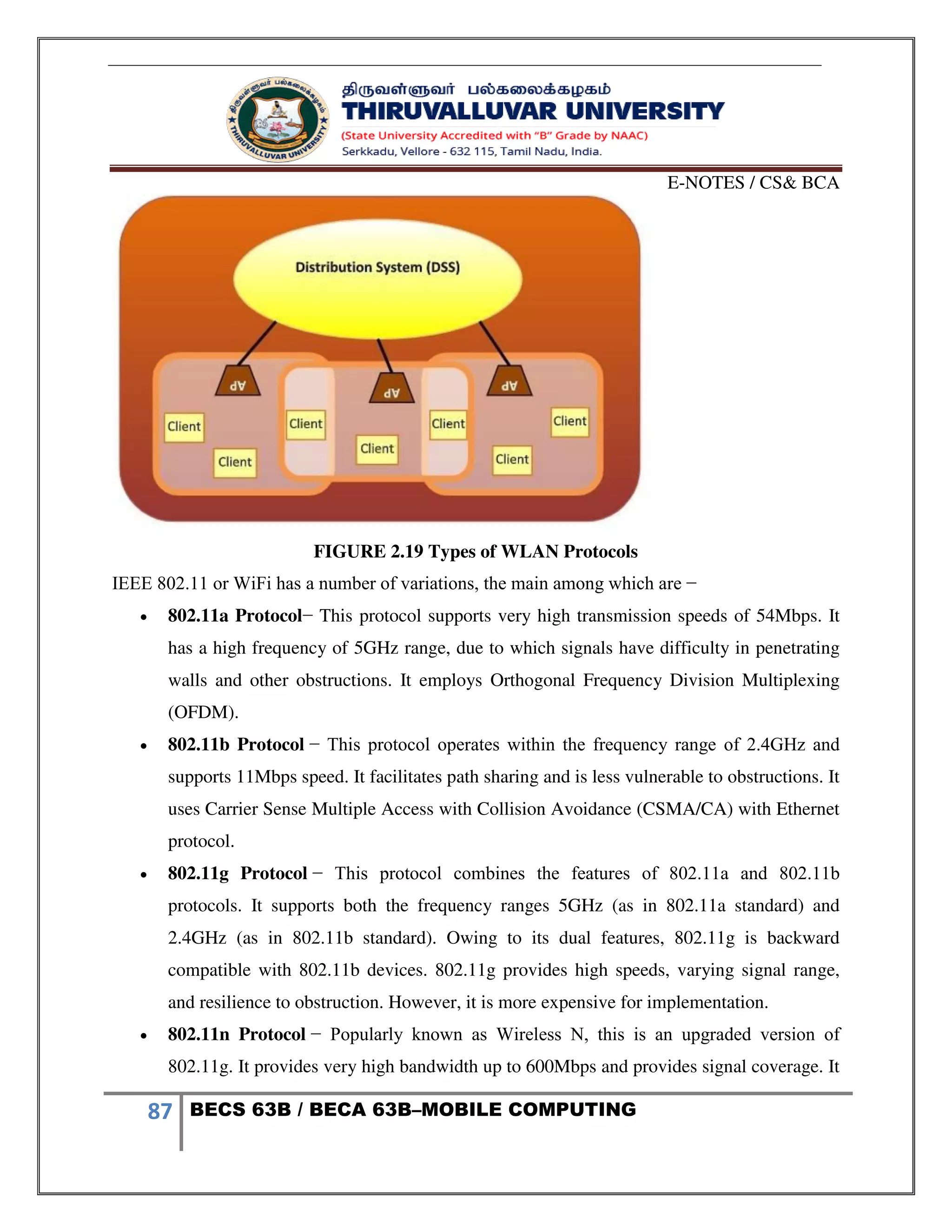 E-NOTES / CS& BCA
87 BECS 63B / BECA 63B–MOBILE COMPUTING
FIGURE 2.19 Types of WLAN Protocols
IEEE 802.11 or WiFi has a number of variations, the main among which are −
 802.11a Protocol− This protocol supports very high transmission speeds of 54Mbps. It
has a high frequency of 5GHz range, due to which signals have difficulty in penetrating
walls and other obstructions. It employs Orthogonal Frequency Division Multiplexing
(OFDM).
 802.11b Protocol − This protocol operates within the frequency range of 2.4GHz and
supports 11Mbps speed. It facilitates path sharing and is less vulnerable to obstructions. It
uses Carrier Sense Multiple Access with Collision Avoidance (CSMA/CA) with Ethernet
protocol.
 802.11g Protocol − This protocol combines the features of 802.11a and 802.11b
protocols. It supports both the frequency ranges 5GHz (as in 802.11a standard) and
2.4GHz (as in 802.11b standard). Owing to its dual features, 802.11g is backward
compatible with 802.11b devices. 802.11g provides high speeds, varying signal range,
and resilience to obstruction. However, it is more expensive for implementation.
 802.11n Protocol − Popularly known as Wireless N, this is an upgraded version of
802.11g. It provides very high bandwidth up to 600Mbps and provides signal coverage. It
 