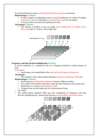 To avoid interference, precise synchronization between senders is necessary.
Disadvantages (2 Marks)
• It needs complex coordinating system to avoid interference. In which all senders
need precise clocks or, distribute a synchronization signal to all senders.
• A receiver listens at exactly the right point in time.
Advantages (2 Marks)
• This scheme is flexible as one can assign more sending time to senders with a
heavy load and less to those with a light load
Frequency and time division multiplexing (4 Marks)
It can be combined, i.e., a channel ki can use a frequency band for a certain amount of
time.
Guard space
• Guard spaces are needed both in the time and in the frequency dimension.
Advantages
• This scheme is more robust against frequency selective interference efficiently.
Disadvantages (2 Marks)
• Need necessary coordination mechanism between different senders.
• Two senders will interfere when they select the same frequency at the same time.
• Interference in a certain small frequency band.
• A channel may use this band only for a short period of time.
• EX: GSM
• The mobile phone standard GSM uses this combination of frequency and time
division multiplexing for transmission between a mobile phone and a base station
 