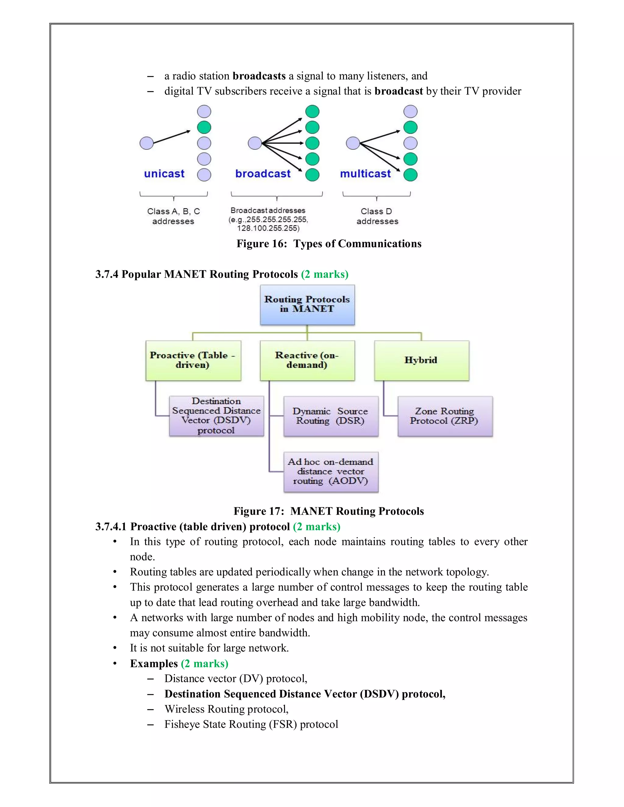 – a radio station broadcasts a signal to many listeners, and
– digital TV subscribers receive a signal that is broadcast by their TV provider
Figure 16: Types of Communications
3.7.4 Popular MANET Routing Protocols (2 marks)
Figure 17: MANET Routing Protocols
3.7.4.1 Proactive (table driven) protocol (2 marks)
• In this type of routing protocol, each node maintains routing tables to every other
node.
• Routing tables are updated periodically when change in the network topology.
• This protocol generates a large number of control messages to keep the routing table
up to date that lead routing overhead and take large bandwidth.
• A networks with large number of nodes and high mobility node, the control messages
may consume almost entire bandwidth.
• It is not suitable for large network.
• Examples (2 marks)
– Distance vector (DV) protocol,
– Destination Sequenced Distance Vector (DSDV) protocol,
– Wireless Routing protocol,
– Fisheye State Routing (FSR) protocol
 