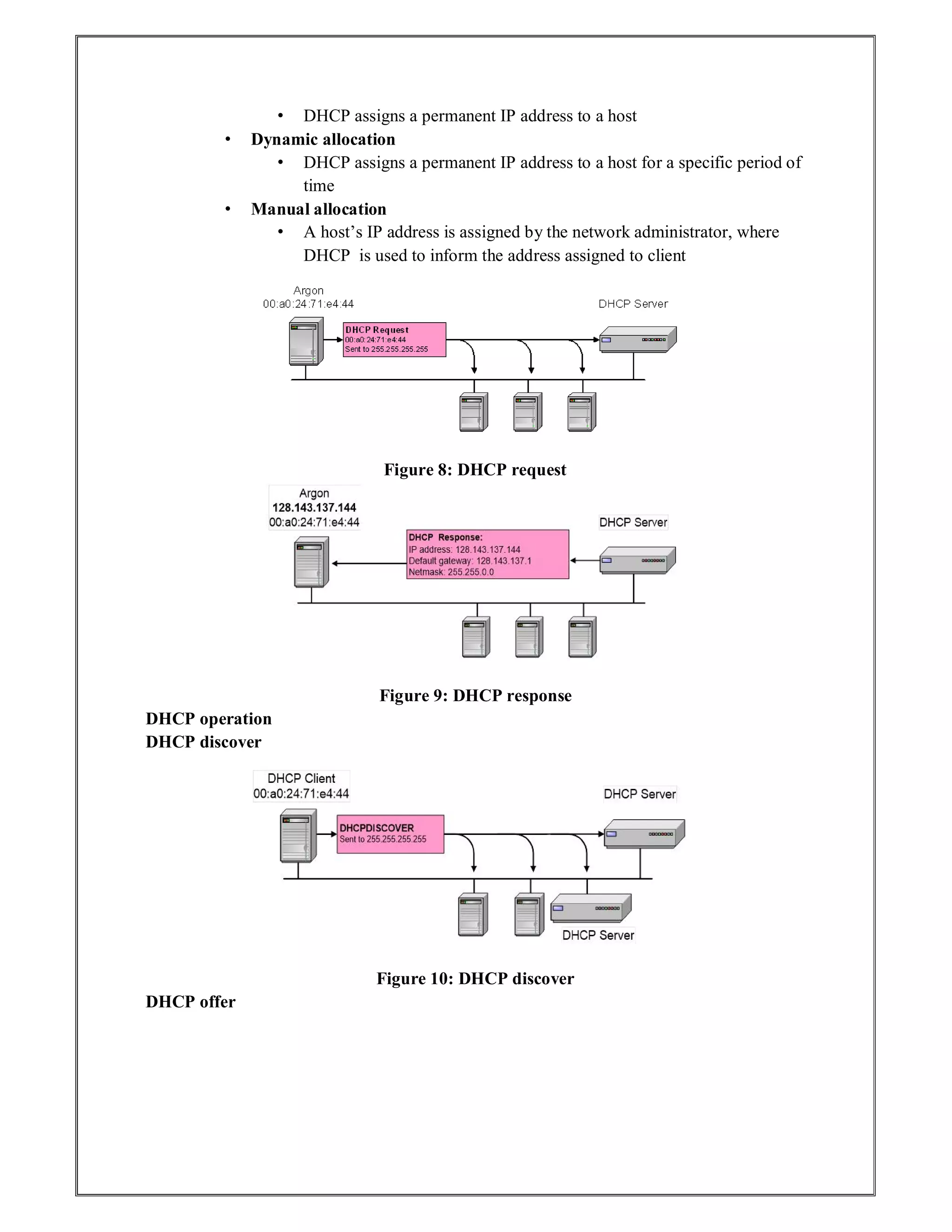 • DHCP assigns a permanent IP address to a host
• Dynamic allocation
• DHCP assigns a permanent IP address to a host for a specific period of
time
• Manual allocation
• A host’s IP address is assigned by the network administrator, where
DHCP is used to inform the address assigned to client
Figure 8: DHCP request
Figure 9: DHCP response
DHCP operation
DHCP discover
Figure 10: DHCP discover
DHCP offer
 