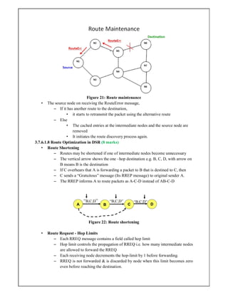 Figure 21: Route maintenance
• The source node on receiving the RouteError message,
– If it has another route to the destination,
• it starts to retransmit the packet using the alternative route
– Else
• The cached entries at the intermediate nodes and the source node are
removed
• It initiates the route discovery process again.
3.7.6.1.8 Route Optimization in DSR (8 marks)
• Route Shortening
– Routes may be shortened if one of intermediate nodes become unnecessary
– The vertical arrow shows the one –hop destination e.g. B, C, D, with arrow on
B means B is the destination
– If C overhears that A is forwarding a packet to B that is destined to C, then
– C sends a “Gratuitous” message (Its RREP message) to original sender A.
– The RREP informs A to route packets as A-C-D instead of AB-C-D
Figure 22: Route shortening
• Route Request - Hop Limits
– Each RREQ message contains a field called hop limit
– Hop limit controls the propagation of RREQ i.e. how many intermediate nodes
are allowed to forward the RREQ
– Each receiving node decrements the hop-limit by 1 before forwarding.
– RREQ is not forwarded & is discarded by node when this limit becomes zero
even before reaching the destination.
 