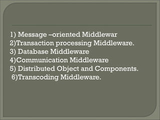 1) Message –oriented Middlewar
2)Transaction processing Middleware.
3) Database Middleware
4)Communication Middleware
5) Distributed Object and Components.
6)Transcoding Middleware.
 