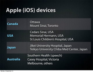 Apple (iOS) devices
Canada
Ottawa
Mount Sinai, Toronto
USA
Cedars Sinai, USA
Memorial Hermann, USA
St Louis Children’s Hospital, USA
Japan
Jikei University Hospital, Japan
Teikyo University Chiba Med Center, Japan
Australia
Southern Health (speech)
Casey Hospital, Victoria
Melbourne, others
Monday, 9 September 13
 