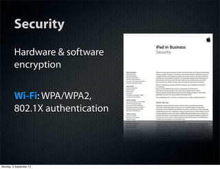 Security
Hardware & software
encryption
Wi-Fi: WPA/WPA2,
802.1X authentication
Monday, 9 September 13
 