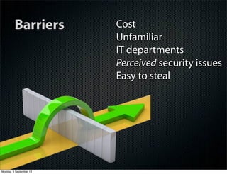 Barriers Cost
Unfamiliar
IT departments
Perceived security issues
Easy to steal
Monday, 9 September 13
 