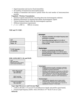 • Signal transmitter and receiver fixed (immobile).
• No mobility of transmission and reception points.
• Number of transmitter and receiver systems limits the total number of interconnections
possible
Unguided─ Wireless Transmission:
• Electrical signals transmitted by converting them into electromagnetic radiation
• Radiation transmitted via antennae that radiate electromagnetic signals
• Various frequency bands within the electromagnetic spectrum
• Different transmission requirements
• f = c/ = (300/ ) MHz [ in meter]
VHF and TV-VHF:
UHF, GSM, DECT, 3G and DAD:
Super high Microwave and Extreme High:
• 2 GHz to 40 GHz (15 cm to 0.75 cm) [Microwave bands and satellite signal bands]
• Extreme high frequency (EHF): Above 40 GHz to 1014
Hz (0.75 cm to 3 m)
Infrared:
 
