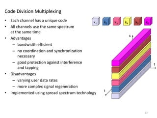 Code Division Multiplexing
• Each channel has a unique code
• All channels use the same spectrum
at the same time
• Advantages
– bandwidth efficient
– no coordination and synchronization
necessary
– good protection against interference
and tapping
• Disadvantages
– varying user data rates
– more complex signal regeneration
• Implemented using spread spectrum technology
k2 k3 k4 k5 k6
k1
f
t
c
23
 