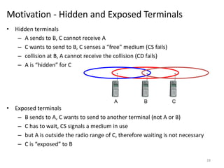 Motivation - Hidden and Exposed Terminals
• Hidden terminals
– A sends to B, C cannot receive A
– C wants to send to B, C senses a “free” medium (CS fails)
– collision at B, A cannot receive the collision (CD fails)
– A is “hidden” for C
• Exposed terminals
– B sends to A, C wants to send to another terminal (not A or B)
– C has to wait, CS signals a medium in use
– but A is outside the radio range of C, therefore waiting is not necessary
– C is “exposed” to B
B
A C
28
 