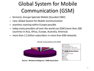 Global System for Mobile
Communication (GSM)
– formerly: Groupe Spéciale Mobile (founded 1982)
– now: Global System for Mobile Communication
– seamless roaming within Europe possible
– today many providers all over the world use GSM (more than 200
countries in Asia, Africa, Europe, Australia, America)
– more than 1.2 billion subscribers in more than 630 networks
31
Source: Wireless Intelligence / GSM Association
GSM Subscribers
 
