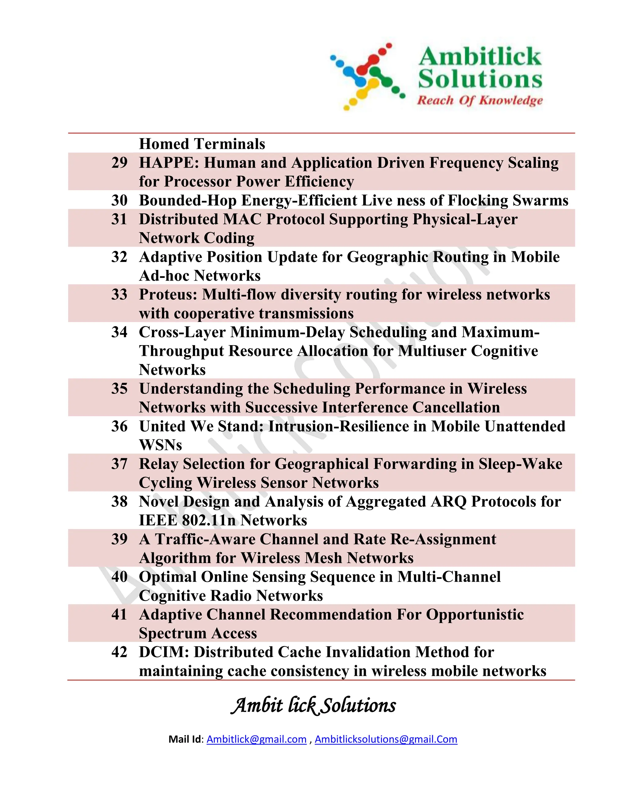 Homed Terminals
29   HAPPE: Human and Application Driven Frequency Scaling
     for Processor Power Efficiency
30   Bounded-Hop Energy-Efficient Live ness of Flocking Swarms
31   Distributed MAC Protocol Supporting Physical-Layer
     Network Coding
32   Adaptive Position Update for Geographic Routing in Mobile
     Ad-hoc Networks
33   Proteus: Multi-flow diversity routing for wireless networks
     with cooperative transmissions
34   Cross-Layer Minimum-Delay Scheduling and Maximum-
     Throughput Resource Allocation for Multiuser Cognitive
     Networks
35   Understanding the Scheduling Performance in Wireless
     Networks with Successive Interference Cancellation
36   United We Stand: Intrusion-Resilience in Mobile Unattended
     WSNs
37   Relay Selection for Geographical Forwarding in Sleep-Wake
     Cycling Wireless Sensor Networks
38   Novel Design and Analysis of Aggregated ARQ Protocols for
     IEEE 802.11n Networks
39   A Traffic-Aware Channel and Rate Re-Assignment
     Algorithm for Wireless Mesh Networks
40   Optimal Online Sensing Sequence in Multi-Channel
     Cognitive Radio Networks
41   Adaptive Channel Recommendation For Opportunistic
     Spectrum Access
42   DCIM: Distributed Cache Invalidation Method for
     maintaining cache consistency in wireless mobile networks

                     Ambit lick Solutions
         Mail Id: Ambitlick@gmail.com , Ambitlicksolutions@gmail.Com
 