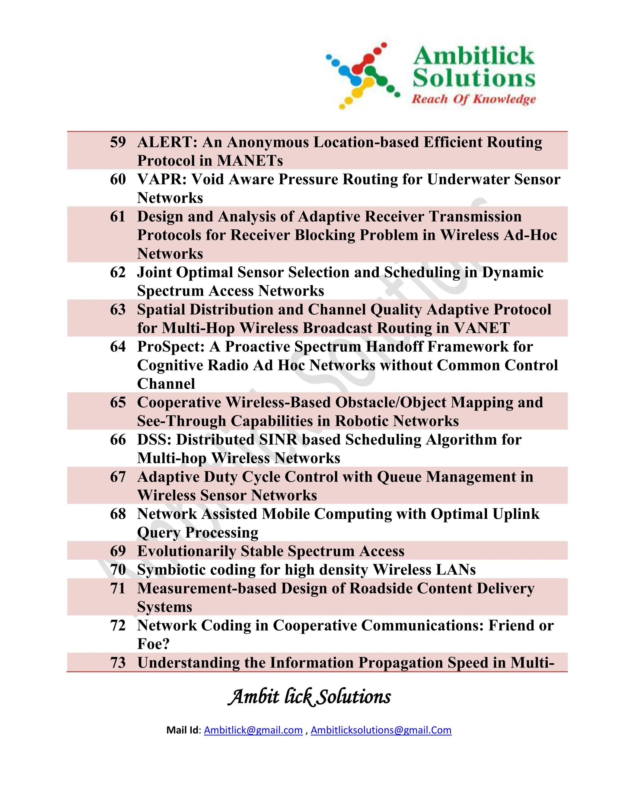 59 ALERT: An Anonymous Location-based Efficient Routing
   Protocol in MANETs
60 VAPR: Void Aware Pressure Routing for Underwater Sensor
   Networks
61 Design and Analysis of Adaptive Receiver Transmission
   Protocols for Receiver Blocking Problem in Wireless Ad-Hoc
   Networks
62 Joint Optimal Sensor Selection and Scheduling in Dynamic
   Spectrum Access Networks
63 Spatial Distribution and Channel Quality Adaptive Protocol
   for Multi-Hop Wireless Broadcast Routing in VANET
64 ProSpect: A Proactive Spectrum Handoff Framework for
   Cognitive Radio Ad Hoc Networks without Common Control
   Channel
65 Cooperative Wireless-Based Obstacle/Object Mapping and
   See-Through Capabilities in Robotic Networks
66 DSS: Distributed SINR based Scheduling Algorithm for
   Multi-hop Wireless Networks
67 Adaptive Duty Cycle Control with Queue Management in
   Wireless Sensor Networks
68 Network Assisted Mobile Computing with Optimal Uplink
   Query Processing
69 Evolutionarily Stable Spectrum Access
70 Symbiotic coding for high density Wireless LANs
71 Measurement-based Design of Roadside Content Delivery
   Systems
72 Network Coding in Cooperative Communications: Friend or
   Foe?
73 Understanding the Information Propagation Speed in Multi-

                   Ambit lick Solutions
       Mail Id: Ambitlick@gmail.com , Ambitlicksolutions@gmail.Com
 