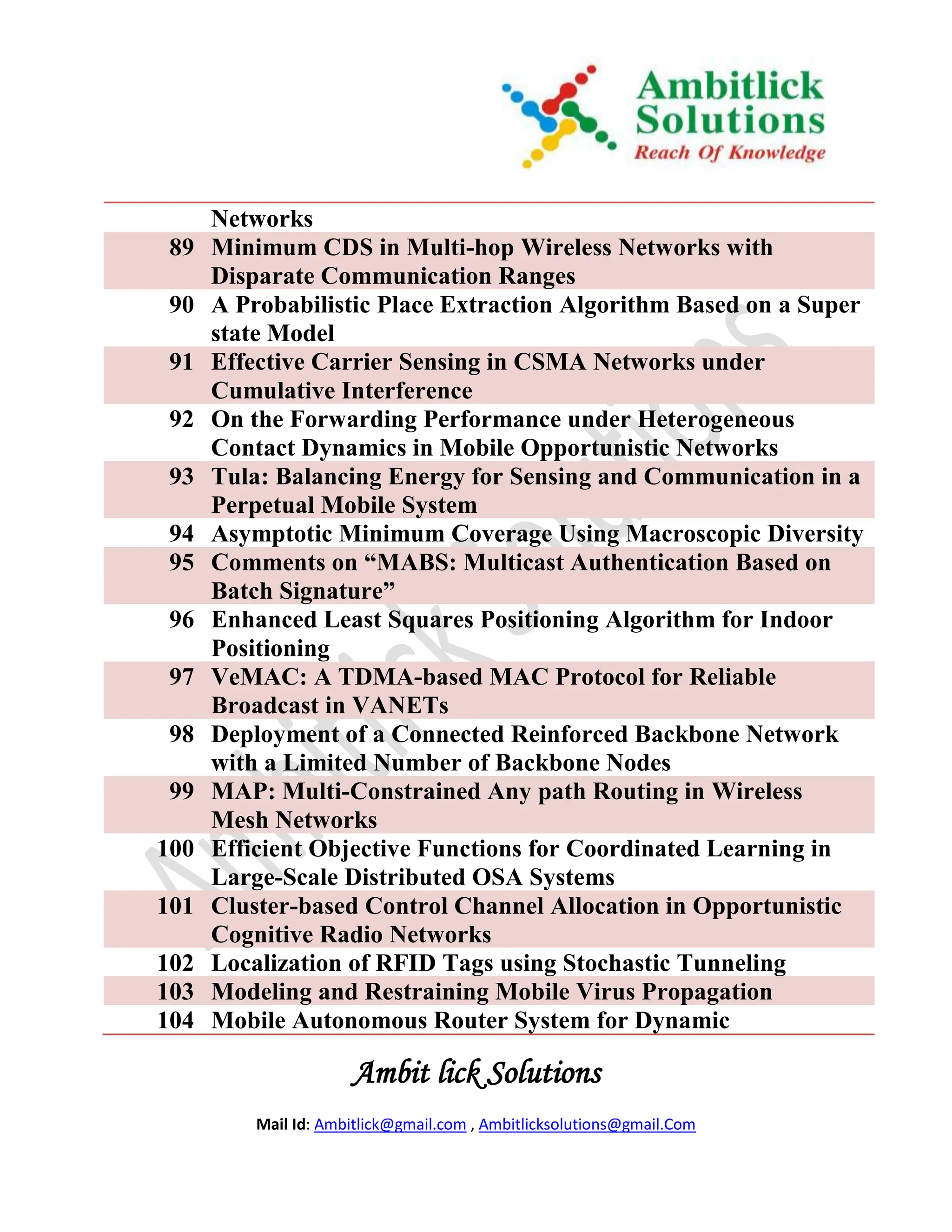 Networks
 89   Minimum CDS in Multi-hop Wireless Networks with
      Disparate Communication Ranges
 90   A Probabilistic Place Extraction Algorithm Based on a Super
      state Model
 91   Effective Carrier Sensing in CSMA Networks under
      Cumulative Interference
 92   On the Forwarding Performance under Heterogeneous
      Contact Dynamics in Mobile Opportunistic Networks
 93   Tula: Balancing Energy for Sensing and Communication in a
      Perpetual Mobile System
 94   Asymptotic Minimum Coverage Using Macroscopic Diversity
 95   Comments on “MABS: Multicast Authentication Based on
      Batch Signature”
 96   Enhanced Least Squares Positioning Algorithm for Indoor
      Positioning
 97   VeMAC: A TDMA-based MAC Protocol for Reliable
      Broadcast in VANETs
 98   Deployment of a Connected Reinforced Backbone Network
      with a Limited Number of Backbone Nodes
 99   MAP: Multi-Constrained Any path Routing in Wireless
      Mesh Networks
100   Efficient Objective Functions for Coordinated Learning in
      Large-Scale Distributed OSA Systems
101   Cluster-based Control Channel Allocation in Opportunistic
      Cognitive Radio Networks
102   Localization of RFID Tags using Stochastic Tunneling
103   Modeling and Restraining Mobile Virus Propagation
104   Mobile Autonomous Router System for Dynamic

                      Ambit lick Solutions
          Mail Id: Ambitlick@gmail.com , Ambitlicksolutions@gmail.Com
 