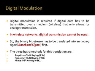     Digital modulation is required if digital data has to be
     transmitted over a medium (wireless) that only allows for
     analog transmission.

    In wireless networks, digital transmission cannot be used.

    So, the binary bit-stream has to be translated into an analog
     signal(Baseband Signal) first.

    The three basic methods for this translation are.
1.      Amplitude Shift Keying (ASK)
2.      Frequency Shift Keying (FSK)
3.      Phase Shift Keying (PSK).
 