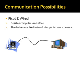     Fixed & Wired
1.    Desktop computer in an ofﬁce
2.    The devices use fixed networks for performance reasons.
 