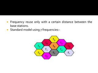    Frequency reuse only with a certain distance between the
    base stations.
   Standard model using 7 frequencies:-
 