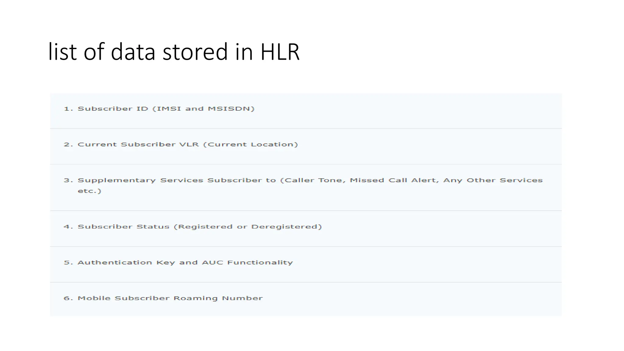 list of data stored in HLR
 