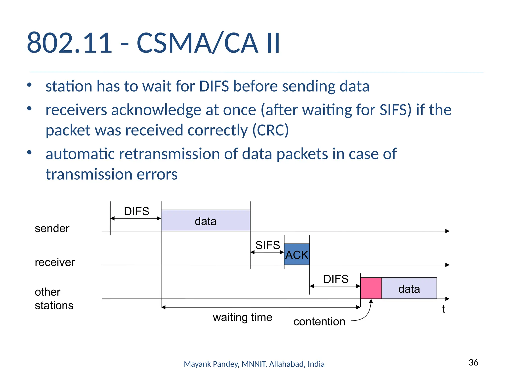 36
Mayank Pandey, MNNIT, Allahabad, India
802.11 - CSMA/CA II
• station has to wait for DIFS before sending data
• receivers acknowledge at once (after waiting for SIFS) if the
packet was received correctly (CRC)
• automatic retransmission of data packets in case of
transmission errors
t
SIFS
DIFS
data
ACK
waiting time
other
stations
receiver
sender
data
DIFS
contention
 