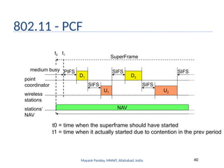 Mayank Pandey, MNNIT, Allahabad, India 40
802.11 - PCF
PIFS
stations‘
NAV
wireless
stations
point
coordinator
D1
U1
SIFS
NAV
SIFS
D2
U2
SIFS
SIFS
SuperFrame
t0
medium busy
t1
t0 = time when the superframe should have started
t1 = time when it actually started due to contention in the prev period
 