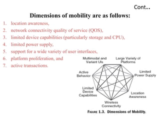 Cont..
Dimensions of mobility are as follows:
1. location awareness,
2. network connectivity quality of service (QOS),
3. limited device capabilities (particularly storage and CPU),
4. limited power supply,
5. support for a wide variety of user interfaces,
6. platform proliferation, and
7. active transactions.
 